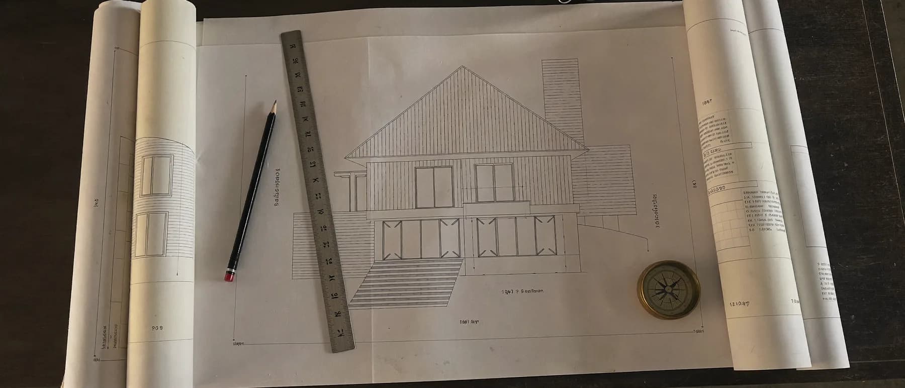 Architectural drawings of a villa on a work table with a pencil, ruler and compass